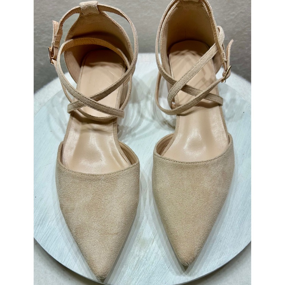 Pointed Toe Ankle Strap D'Orsay Flats Beige Faux Suede Low Block Heel Sz 40/9.5